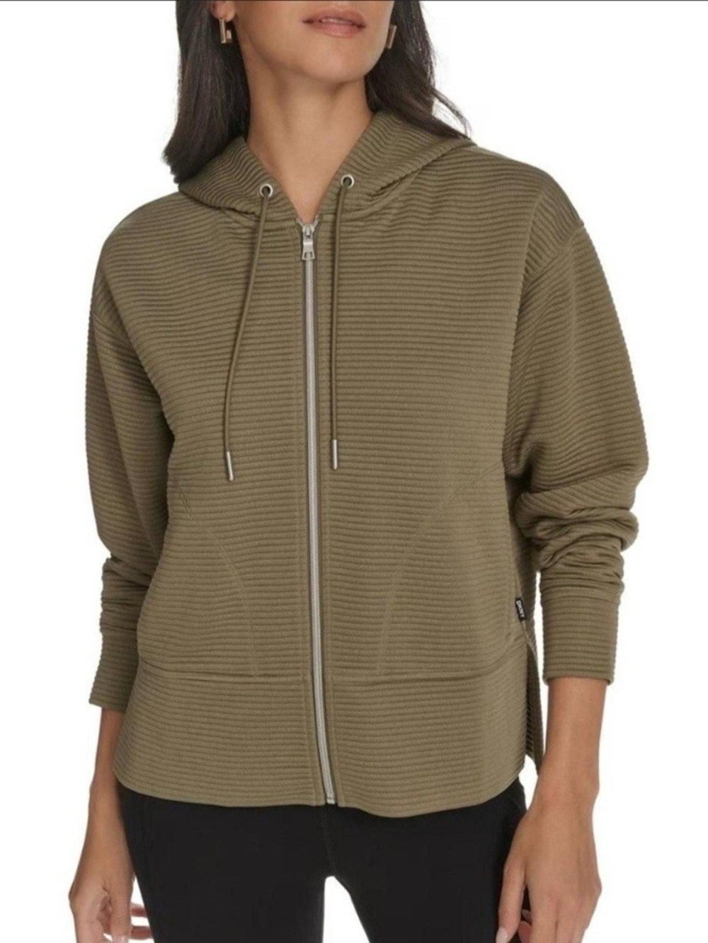 DKNY Ribbed Tech Ottoman Olive Zip-Front Hooded Knit Jacket Size XL